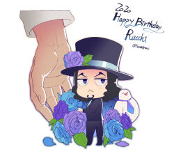  1boy :< bird black_hair blue_flower blue_rose character_name dove facial_hair flower foxvulpine goatee happy_birthday hat hat_flower jitome male_focus necktie one_piece petals purple_flower purple_rose rob_lucci rose top_hat twitter_username 