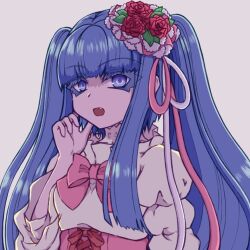  1girl blue_eyes blue_hair blunt_bangs bow choker colored_eyelashes dress fang flower furudo_erika hair_flower hair_ornament hair_ribbon hand_on_own_face open_mouth pink_dress pink_ribbon red_bow red_flower red_rose ribbon rose simple_background tomorrow2311 twintails umineko_no_naku_koro_ni white_choker 