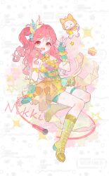  1girl ^_^ animal aqua_belt aqua_choker aqua_gloves arm_ribbon belt belt_buckle blue_ribbon boots bow bow_choker bowtie brown_eyes buckle cake cake_slice cat chest_belt choker cloak closed_eyes closed_mouth clothed_animal commission dress ear_covers eyelashes feather_hair_ornament feathers fingerless_gloves food frilled_dress frilled_gloves frills full_body gloves hair_ornament hair_ribbon happy headset highres holding holding_star hood hood_up hooded_cloak idol infinity_nikki knee_boots lace-up_boots light_blush long_hair looking_at_viewer microphone mizemengs momo_(nikki) nikki_(nikki) nikki_(series) one_side_up open_mouth pink_hair plaid_clothes plaid_dress red_bow red_bowtie ribbon sample_watermark shoe_belt short_dress shorts shorts_under_dress smile sparkle star_(symbol) starry_nocturne_(infinity_nikki) tareme thigh_strap too_many_watermarks traditional_bowtie unmoving_pattern v watermark watermark_grid wavy_hair white_background white_cat yellow_belt yellow_boots yellow_bow yellow_bowtie yellow_cloak yellow_dress yellow_ribbon yellow_shorts 