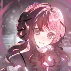  1girl absurdres backlighting bare_shoulders bench black_bow black_ribbon black_sky bow bow_choker bowtie brown_eyes chinese_commentary choker closed_mouth collarbone commentary_request dot_nose eyelashes frilled_shirt frilled_sleeves frills gugu_gaga_gugu_fan hair_bow hair_intakes hair_ribbon hand_on_own_cheek hand_on_own_face happy highres infinity_nikki light_blush light_particles light_rays lips long_hair long_sidelocks long_sleeves low_twintails night night_sky nikki_(nikki) nikki_(series) off-shoulder_shirt off_shoulder outdoors perfect_start_(infinity_nikki) pink_bow pink_bowtie pink_choker pink_hair pink_lips puffy_long_sleeves puffy_sleeves ribbon see-through_clothes see-through_sleeves shirt sidelocks single_stripe sky smile snow snowing solo sparkle striped_bow striped_bowtie striped_choker striped_clothes swept_bangs tress_ribbon twintails upper_body very_long_hair wavy_hair white_shirt winter 