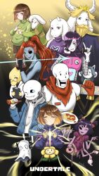  0_0 2others 3girls 5boys \m/ ^_^ absurdres alphys android asgore_dreemurr asriel_dreemurr asymmetrical_bangs bare_shoulders beard black-framed_eyewear black_background black_gloves black_hair black_pants black_shorts black_sleeves black_tank_top blonde_hair blue_jacket blue_pupils blue_skin blue_sweater blush boots bottle bow brothers brown_boots brown_hair cape chara_(undertale) child clipboard closed_eyes colored_sclera colored_skin copyright_name crown cup delta_rune_(symbol) dog dot_nose double_bun doughnut dress everyone expressionless extra_arms extra_eyes eyeliner eyepatch facial_hair fingerless_gloves fins flower flowey_(undertale) food frisk_(undertale) furry furry_female furry_male ghost glasses gloves goat_horns green_eyes green_sweater grey_hood grin hair_bow hair_bun hair_over_one_eye hand_in_pocket hand_on_own_chest happy head_fins headphones heart heart_necklace highres holding holding_bottle holding_clipboard holding_cup holding_food holding_microphone holding_teapot hollow_eyes hood hood_down hooded_jacket horizontal_pupils horns hug hug_from_behind jacket jewelry ketchup_bottle lab_coat layered_sleeves light_blush light_rays long_sleeves makeup mettaton microphone monster_boy monster_girl muffet multiple_boys multiple_girls multiple_others mustache napstablook necklace nostrils one_eye_closed open_clothes open_jacket open_mouth pants papyrus_(undertale) petals pink_eyes pointing pointing_at_self ponytail poster_(medium) puffy_long_sleeves puffy_short_sleeves puffy_sleeves purple_cape purple_dress red_bow red_eyeliner red_eyes red_gloves red_hair red_scarf reptile_girl sans_(undertale) save_point scarf shirt short_hair short_over_long_sleeves short_sleeves shorts siblings single_stripe skeleton sleeveless sleeveless_dress small_horns smile snout sweater tank_top teacup teapot temmie toriel torn_clothes torn_scarf turtleneck turtleneck_dress turtleneck_sweater undertale undyne utdr_(toby_fox) veronica607 white_horns white_shirt yellow_crown yellow_flower yellow_sclera 