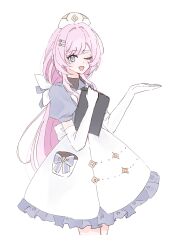  1girl ;o absurdres blue_eyes cha_noha dress elbow_gloves elysia_(honkai_impact) gloves hat highres holding holding_notepad honkai_(series) honkai_impact_3rd long_hair looking_at_viewer notepad nurse nurse_cap official_alternate_costume one_eye_closed pink_hair simple_background solo very_long_hair white_background white_dress white_gloves 