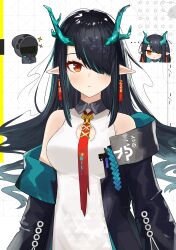  ... 1girl absurdres arknights bare_shoulders black_hair black_jacket blush chibi chibi_inset cleavage_cutout closed_mouth clothing_cutout collared_dress commentary doctor_(arknights) dragon_girl dragon_horns dress dusk_(arknights) earrings hair_over_one_eye highres horns jacket jewelry keaworks long_hair looking_at_viewer multicolored_hair necktie off_shoulder one_eye_covered orange_eyes pointy_ears red_necktie sleeveless sleeveless_dress solo sparkle streaked_hair symbol-only_commentary torn_clothes torn_necktie upper_body uroko_(pattern) white_dress 