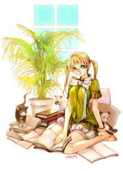  1girl arched_bangs archived_source baby_animal barefoot black_fur black_tail blonde_hair blue_eyes book bow bracelet breasts cat chkuyomi closed_eyes closed_mouth colorpoint full_body glasses green_jacket green_sleeves hair_tie hand_on_book hand_on_own_foot jacket jacket_bow jewelry kitten looking_at_viewer medium_breasts muntins nail_polish narrow_waist open_book original pillow plant potted_plant puffy_shorts rimless_eyewear round_eyewear short_sleeves shorts siamese_cat signature sitting skinny smile solo_focus stuffed_animal stuffed_toy teddy_bear toes too_many too_many_books tuxedo_cat twintails wariza white_bow white_fur white_nails white_shorts window_light wing_collar 