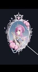  1girl absurdres armor beads black_border border breastplate brown_eyes bug butterfly chinese_commentary closed_mouth clothing_cutout collar commentary_request detached_collar dress expressionless eyelashes flower frilled_arm_warmers grey_background hair_bun highres holding holding_sword holding_weapon infinity_nikki letterboxed light_blush lips long_sidelocks melody_bloom_(infinity_nikki) nikki_(nikki) nikki_(series) nostrils picture_frame pink_flower pink_hair pink_lips pink_rose rose short_hair_with_long_locks short_sleeves shoulder_cutout sidelocks simple_background single_hair_bun solo sword tiara updo upper_body weapon white_arm_warmers white_collar white_dress zhizhi_(xinjinjumin818774653718) 