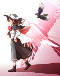  1girl angel_wings bird bird_request black_boots black_capelet black_hat black_shoes black_skirt book boots bow bowtie brown_eyes brown_hair capelet from_side full_body hair_bow hat hat_bow highres holding holding_book long_sleeves minus_(sr_mineka) red_bow red_bowtie ribbon-trimmed_capelet ribbon-trimmed_skirt ribbon_trim shadow shirt shirt_tucked_in shoes skirt sleeve_cuffs smile solo touhou two-tone_capelet usami_renko walking white_background white_shirt wings 