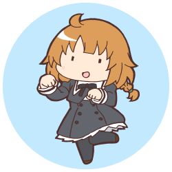  1girl :d ahoge assault_lily black_pantyhose black_ribbon black_skirt blue_background blunt_bangs blush braid braided_ponytail brown_hair brown_shoes chibi commentary_request cropped_jacket frilled_skirt frills full_body futagawa_fumi high-waist_skirt juliet_sleeves legs_up long_sleeves looking_at_viewer lowres masaki_itsuki miniskirt neck_ribbon pantyhose paw_pose puffy_sleeves ribbon round_image school_uniform shoes simple_background single_braid skirt smile solo standing standing_on_one_leg transparent_background yurigaoka_girls_academy_school_uniform |_| 