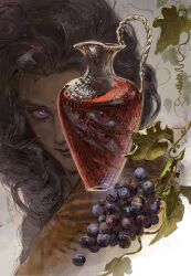  1boy alcohol black_hair commentary dark-skinned_male dark_skin different_reflection dionysus_(mythology) english_commentary extra_eyes food fruit glass glass_jar grape_vine grapes greek_mythology highres jar leaf looking_at_viewer male_focus parted_hair portrait red_wine reflection rora_(auroradiation) smile solo violet_eyes wavy_hair white_background wine 