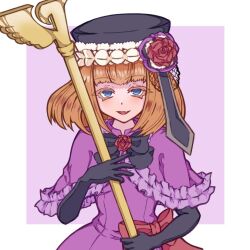  1girl black_gloves black_hat black_ribbon blue_eyes bob_cut capelet colored_eyelashes commentary_request elbow_gloves eva_beatrice fang flower frilled_capelet frills gloves hat looking_at_viewer orange_hair red_flower red_ribbon red_rose ribbon rose smile solo staff tomorrow2311 two-tone_background umineko_no_naku_koro_ni 