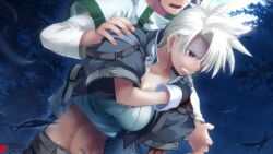  1boy 1girl 1nd_protagonist abs atelier-moo belt black_gloves bleeding blood blood_on_clothes breasts brown_belt clenched_teeth collarbone cuts dutch_angle earrings eyes_out_of_frame fingerless_gloves game_cg gloves grey_jacket hand_on_another's_shoulder hand_on_own_shoulder head_out_of_frame injury jacket jewelry large_breasts layered_sleeves leaf lisa_meccano long_sleeves moon night night_sky official_art open_clothes open_hand open_jacket open_mouth outdoors red_eyes scratches second-party_source shirt short_hair short_over_long_sleeves short_sleeves sky standing striped_clothes striped_shirt teeth tree turn_pale upper_body v-shaped_eyebrows white_hair white_shirt yuukyuu_gensoukyoku yuukyuu_gensoukyoku_revival 