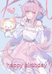  1girl =_= animal bare_shoulders belt black_belt black_bow black_ribbon blue_background blunt_bangs bow bow_choker bowtie bra_strap buttons cake cake_slice cat center_frills chinese_commentary choker cloak closed_mouth clothed_animal commentary_request cowboy_shot dated dot_nose ear_covers english_text eyelashes eyes_visible_through_hair food frilled_shirt frilled_skirt frilled_sleeves frills hair_bow hair_intakes hair_ribbon hand_on_own_cheek hand_on_own_face happy happy_birthday heart high-waist_skirt highres hood hood_up hooded_cloak infinity_nikki layered_skirt light_blush lipstick long_hair long_sidelocks long_sleeves looking_at_viewer loose_hair_strand low_twintails makeup medium_skirt momo_(nikki) nikki_(nikki) nikki_(series) off-shoulder_shirt off_shoulder open_mouth perfect_start_(infinity_nikki) pink_bow pink_bowtie pink_choker pink_eyes pink_hair pink_lips pink_ribbon pink_skirt pleated_skirt print_skirt puffy_long_sleeves puffy_sleeves red_bow red_bowtie ribbon shirt sidelocks simple_background skirt sleeves_past_wrists smile snowflake_print snowflakes spoken_heart standing traditional_bowtie tress_ribbon twintails very_long_hair wavy_hair white_cat white_shirt white_skirt xiaoyunie yellow_cloak 