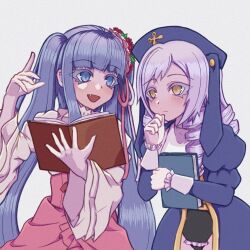  2girls black_leotard blue_coat blue_eyes blue_hair blue_hat book choker coat colored_eyelashes commentary_request dlanor_a._knox dress drill_hair fang flower furudo_erika hair_flower hair_ornament hand_on_own_face hat highres holding holding_book leotard long_hair looking_at_another multiple_girls parted_bangs pink_skirt pointing pointing_up puffy_sleeves purple_hair skirt tomorrow2311 twintails umineko_no_naku_koro_ni white_background white_choker white_dress yellow_eyes 