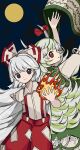  2girls absurdres arm_behind_back back-to-back baggy_pants bangs blue_eyes bow collared_shirt commission cowboy_shot dress ex-keine fire fujiwara_no_mokou full_moon green_dress green_hair grey_bow grey_shirt hair_bow hands_up highres holding holding_scroll horn_bow horn_ornament horns kamishirasawa_keine long_hair looking_at_viewer moon multicolored_bow multiple_girls neruzou night night_sky non-web_source ofuda ofuda_on_clothes pants puffy_short_sleeves puffy_sleeves pyrokinesis red_bow red_eyes red_pants scroll shirt short_sleeves skeb_commission sky smile suspenders torn_clothes torn_sleeves touhou very_long_hair white_hair 