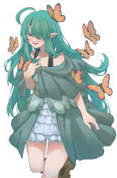  1girl absurdres ahoge black_straps blush bra_strap brown_shoes bug butterfly butterfly_on_hand butterfly_on_head capelet chinese_commentary collarbone commentary_request cowboy_shot dress green_capelet green_dress green_hair hair_over_one_eye half-closed_eyes hand_on_own_chest highres layered_dress leg_up long_hair looking_at_viewer open_mouth original pointy_ears shoes simple_background skirt skirt_under_dress sleeveless sleeveless_dress smile solo very_long_hair violet_eyes white_background white_skirt ziku_(ktitor9828) 