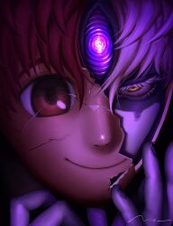  1boy alice2045115 broken_mask brown_eyes brown_hair colored_eyelashes cracked_kawaii_mask cracked_mask cracked_skin dandadan derivative_work dual_persona enjoji_jin evil_eye_(dandadan) grey_hair hair_between_eyes half-closed_eyes hand_on_own_face highres male_focus mask parted_bangs sign smile solo third_eye yellow_eyes 