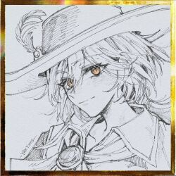  1girl blush closed_mouth collared_shirt commentary greyscale hasunosora_fantasy hat_feather jellyfish_cut katsuragi_izumi link!_like!_love_live! long_hair looking_at_viewer love_live! monochrome official_alternate_costume orange_eyes pen_(medium) portrait shikishi shirt signature slit_pupils smile solo split_mouth spot_color symbol-only_commentary traditional_media virtual_youtuber yrxy_settingsun 