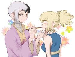  1boy 1girl applying_makeup asagiri_gen bare_shoulders black_hair blonde_hair breasts choker closed_eyes closed_mouth dr._stone facial_mark floral_background flower hand_on_another's_chin hand_on_another's_face high_ponytail holding japanese_clothes kimono kohaku_(dr._stone) light_smile lips lipstick looking_at_another makeup multicolored_hair ninomae_gin paintbrush parted_lips pink_kimono pink_lips ponytail rope rope_around_wrist shirt short_hair sidelocks simple_background sleeveless smile split-color_hair turtleneck turtleneck_shirt two-tone_hair upper_body white_background white_choker white_hair white_rope 
