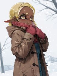  1girl adjusting_scarf blonde_hair branch brown_coat closed_mouth coat cold colored_eyelashes commentary_request cross-shaped_pupils dark-skinned_female dark_skin fang fang_out frye_(splatoon) gloves green_sweater highres hood hood_down hooded_coat inkling jajanome long_eyelashes long_pointy_ears long_sleeves medium_hair open_clothes open_coat outdoors pointy_ears red_gloves red_scarf scarf snot snowing solo splatoon_(series) splatoon_3 sweater symbol-shaped_pupils tentacle_hair tree winter winter_clothes yellow_eyes 