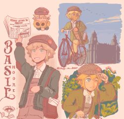  1boy adjusting_clothes adjusting_headwear arm_up artist_name basil_(birthday)_(omori) basil_(faraway)_(omori) basil_(omori) bicycle blonde_hair blue_eyes brown_bag brown_hat brown_overalls cardigan character_name chibi closed_mouth collared_shirt commentary copyright_name double-parted_bangs english_commentary flower green_cardigan hair_between_eyes hat help-us-3337 highres holding holding_flower holding_newspaper long_sleeves male_focus newsboy_cap newspaper omori one_eye_closed open_mouth overall_shorts overalls parted_lips riding riding_bicycle shirt short_hair sidelocks solo sunflower teeth twitter_username white_shirt 