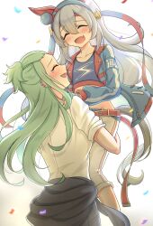  2girls animal_ears belt blue_hairband blue_jacket blue_sports_bra blush carrying carrying_person closed_eyes clothes_around_waist commentary_request confetti crop_top ear_covers ear_piercing fang fingerless_gloves gloves green_hair grey_hair grey_tail hair_between_eyes hairband headband highres horse_ears horse_girl horse_tail jacket komiyama_masami lightning_bolt_print lightning_bolt_symbol long_hair long_sleeves midriff multiple_girls navel open_mouth pants piercing red_belt red_headband shirt skin_fang sleeves_rolled_up smile sports_bra striped_clothes striped_hairband tail tamamo_cross_(umamusume) tamamo_cross_(with_lightning_speed)_(umamusume) umamusume umamusume:_cinderella_gray user_njyp2785 very_long_hair white_gloves white_pants white_shirt 