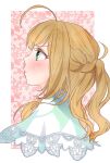  1girl ahoge blonde_hair blush braid capelet cropped_torso floral_background french_braid green_eyes highres idolmaster idolmaster_cinderella_girls lace-trimmed_capelet lace_trim looking_afar looking_up pout profile sato_shin solo uika310p wavy_hair white_capelet 