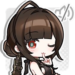  +++ 1girl artist_request brown_hair chibi chibi_only dress dsr-50_(girls'_frontline) evening_gown finger_to_mouth girls'_frontline_2:_exilium girls_frontline hair_intakes loreley_(girls'_frontline_2) lowres official_art one_eye_closed red_eyes second-party_source shushing solo volume_symbol 