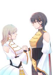  2girls 5th_live_tour_~4pair_power_spread!!!!~ :d bare_shoulders black_corset blue_eyes breasts ceras_yanagida_lilienfeld closed_mouth commentary_request corset edel_note edelied flower_stand_art grey_hair hair_ornament hair_ribbon haz height_difference holding_hands interlocked_fingers jellyfish_cut katsuragi_izumi link!_like!_love_live! long_hair long_sleeves love_live! medium_breasts multiple_girls official_alternate_costume open_mouth orange_eyes pinstripe_corset profile ribbon simple_background smile triangle_hair_ornament virtual_youtuber white_background yellow_ribbon 