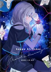  1girl absurdres black_shirt black_shorts bracelet character_name commentary dated girls_band_cry grey_eyes grey_hair hamchan69 happy_birthday highres inset_border jewelry kawaragi_momoka long_hair multicolored_hair photo_(object) roots_(hair) shikai_no_sumi_kuchiru_oto shirt shorts string string_of_fate 