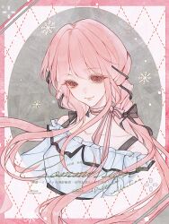  1girl aegyo_sal argyle_background bare_shoulders belt black_belt black_bow black_ribbon border bow bow_choker bowtie bra_strap brown_eyes chinese_commentary choker closed_mouth commentary_request commission cropped_torso dot_nose dotted_line eyelashes floating_hair frilled_shirt frills grey_background hair_bow hair_ribbon happy highres infinity_nikki lips long_hair long_sidelocks long_sleeves low_twintails nikki_(nikki) nikki_(series) off-shoulder_shirt off_shoulder outside_border perfect_start_(infinity_nikki) pink_border pink_bow pink_bowtie pink_choker pink_hair pink_lips puffy_long_sleeves puffy_sleeves ribbon sample_watermark shirt sidelocks single_stripe smile snowflakes snowing solo striped_bow striped_bowtie striped_choker striped_clothes tress_ribbon twintails two-tone_background very_long_hair watermark white_background white_shirt wind yiyabolei 