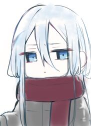  1girl black_jacket blue_eyes closed_mouth commentary_request deformed down_jacket enpera frown hair_between_eyes highres jacket jitome kaema_2 long_hair long_sleeves looking_at_viewer project_sekai red_scarf scarf sidelocks solo upper_body white_hair yoisaki_kanade 