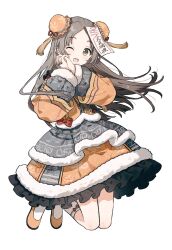  1girl alternate_costume blush breasts brown_eyes china_dress chinese_clothes dress full_body gakuen_idolmaster grey_hair highres idolmaster jumping kuramoto_china long_hair looking_at_viewer migolu one_eye_closed open_mouth own_hands_together small_breasts solo twitter_username white_background 
