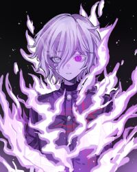  1boy absurdres arms_behind_back black_jacket breast_pocket burning buttons chinese_commentary colored_eyelashes commentary_request eyelashes eyes_visible_through_hair fire flaming_eye hair_over_one_eye highres jacket long_sleeves looking_at_viewer male_focus pink_eyes pocket qiu_tu shion_(hundred_line) solo the_hundred_line_-last_defense_academy- upper_body white_eyes white_fire white_hair 