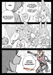  1boy 1girl absurdres animal_ears armor commentary cosplay crossover english_commentary english_text flipped_hair flower gloves hair_over_one_eye hat hat_flower helmet highres horse_ears horse_girl horse_tail kamen_rider kamen_rider_kiva kamen_rider_kiva_(cosplay) kamen_rider_kiva_(series) kivat_belt long_hair official_alternate_costume open_mouth owlweeb puffy_short_sleeves puffy_sleeves rice_shower_(umamusume) rice_shower_(vampire_makeover!)_(umamusume) rider_belt rose short_sleeves speech_bubble tail umamusume violet_eyes wings 