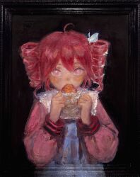  1girl ahoge black_background bright_pupils croissant dress drill_hair eating english_commentary food hair_ribbon highres holding holding_food kasane_teto kasane_teto_(sv) long_sleeves looking_at_viewer oil_painting_(medium) painting_(medium) photo_(medium) picture_frame pink_eyes pink_hair pink_sleeves portrait ribbon short_hair solo svveetberry synthesizer_v traditional_media twin_drills two-tone_dress utau white_dress white_pupils white_ribbon 