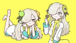 1girl absurdres barefoot blush closed_mouth commentary_request cookie dress flower food fruit grey_eyes grey_hair hair_flower hair_ornament hair_over_one_eye hand_up head_rest heterochromia highres holding holding_food isekaijoucho kamitsubaki_studio lemon lemon_melon_cookie_(vocaloid) lemon_slice looking_at_viewer lying melon multiple_views on_stomach red_eyes shrug_(clothing) simple_background smile soles t_masoppu the_pose two-tone_dress virtual_youtuber white_dress white_shrug yellow_background yellow_dress yellow_flower 