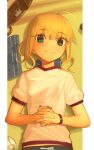  1girl ahoge artoria_pendragon_(fate) blonde_hair boa_(brianoa) book closed_mouth fate/stay_night fate_(series) green_eyes highres interlocked_fingers lipstick looking_at_viewer lying makeup on_back own_hands_together puffy_short_sleeves puffy_sleeves saber shirt short_sleeves smile solo white_shirt 