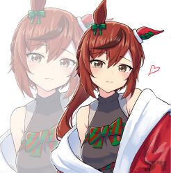  1girl :d absurdres alternate_costume alternate_hairstyle animal_ears bare_shoulders black_shirt blonde_hair bow breasts brown_eyes brown_hair coat ear_bow ear_covers fur-trimmed_coat fur_trim greenbow hair_between_eyes halter_shirt halterneck heart highres horse_ears horse_girl jtleeklm long_hair looking_at_viewer medium_breasts multicolored_hair nice_nature_(umamusume) red_coat shirt single_ear_cover smile solo streaked_hair striped_bow umamusume upper_body white_background zoom_layer 