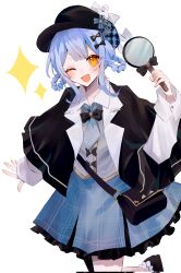  1girl ;d black_bag black_capelet black_hat blue_hair blue_necktie blue_skirt braid braided_hair_rings capelet collared_shirt commentary_request deerstalker detective grey_vest hair_rings hat highres holding holding_magnifying_glass long_sleeves looking_at_viewer magnifying_glass mahou_shoujo_no_majo_saiban necktie one_eye_closed open_mouth pleated_skirt shirt short_hair simple_background skirt smile solo sparkle standing standing_on_one_leg tachibana_sherry taimu_(htrgt_31) vest white_background white_shirt yellow_eyes 