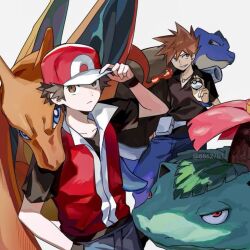  2boys 2girls baseball_cap black_hair black_shirt blastoise blue_eyes blue_oak blue_pants brown_eyes brown_hair charizard closed_mouth dragon fire flame-tipped_tail flower hashtag-only_commentary hat holding holding_poke_ball jacket jewelry looking_at_viewer multiple_boys multiple_girls necklace pants parted_lips poke_ball pokemon pokemon_(creature) pokemon_frlg red_(pokemon) red_eyes red_hat shirt short_hair short_sleeves smile spiky_hair summerbb12 tail ultra_ball venusaur wings 