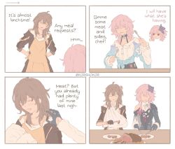  3girls ahoge anger_vein apron arm_around_waist arm_sling arrow_(symbol) artist_name bandaid bandaid_on_cheek bandaid_on_face black_choker black_dress black_eyes black_gloves black_jacket blue_jacket blush border choker closed_eyes closed_mouth clothing_cutout collared_shirt cowboy_shot dress dual_persona eating english_commentary english_text evernight_(honkai:_star_rail) flower flower_ornament food fork gloves grey_hair hair_between_eyes hair_flower hair_ornament half-closed_eyes hand_up hands_up holding holding_fork holding_spoon honkai:_star_rail honkai_(series) jacket jewelry korshokor lapels long_hair long_sleeves looking_at_another low_twintails march_7th_(honkai:_star_rail) march_7th_(preservation)_(honkai:_star_rail) meat multiple_girls multiple_rings multiple_views no_eyes official_alternate_costume official_alternate_hairstyle open_clothes open_jacket open_mouth orange_apron pink_hair plate pocket puffy_long_sleeves puffy_sleeves purple_flower red_eyes red_flower ring shirt short_hair shoulder_cutout sidelocks simple_background single_bare_shoulder smile spoon standing stelle_(honkai:_star_rail) t-shirt table tearing_up tied_jacket trailblazer_(honkai:_star_rail) twintails two-tone_dress white_background white_border white_dress white_flower white_shirt yellow_eyes yuri 