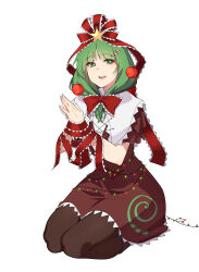  1girl bound bound_wrists bow brown_pantyhose candy_cane_hair_ornament christmas christmas_lights christmas_ornaments christmas_ornaments_in_hair collar commentary dress english_commentary food-themed_hair_ornament frilled_collar frilled_dress frilled_ribbon frills front_ponytail green_eyes hair_bow hair_ornament hair_ribbon highres kagiyama_hina kneeling looking_at_viewer medium_hair open_mouth own_hands_together pantyhose red_bow red_dress red_ribbon ribbon seiza short_sleeves simple_background sitting smile solo spiral_print star_(symbol) star_hair_ornament teeth tied_up_(nonsexual) touhou umisaki upper_teeth_only white_background white_collar 