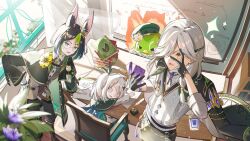  1girl 2boys @_@ animal_ear_fluff animal_ears black_capelet black_gloves black_hair black_pants capelet card cyno_(genshin_impact) duo_(duolingo) duolingo fox_boy fox_ears genshin_impact glasses gloves green_eyes green_hair hair_ornament hair_over_one_eye holding holding_card kokonex long_hair long_sleeves multicolored_hair multiple_boys open_mouth orange_eyes paimon_(genshin_impact) pants short_hair tighnari_(genshin_impact) white_gloves white_hair 