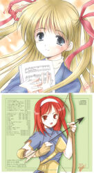  2000s_(style) 2003 2girls album_cover archer_(ragnarok_online) arrow_(projectile) azuma_yuki back_cover blonde_hair blue_dress blue_eyes blue_shirt bow_(weapon) brown_gloves closed_mouth commentary_request cover dress fingerless_gloves gloves hair_ribbon hairband holding holding_bow_(weapon) holding_weapon list long_hair long_sleeves looking_at_viewer medium_hair multiple_girls muneate open_mouth priest_(ragnarok_online) ragnarok_online red_eyes red_hair red_ribbon ribbon sheet_music shirt short_sleeves smile upper_body weapon white_hairband 