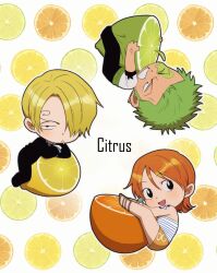  1girl 2boys bare_shoulders black_eyes black_jacket black_pants blonde_hair bracelet chibi chibi_only cigarette curly_eyebrows food fruit full_body green_hair hair_over_one_eye haramaki jacket jewelry lemon lemon_slice log_pose looking_at_viewer mandarin_orange mandarin_orange_slice miniskirt mouth_hold multiple_boys nami_(one_piece) one_eye_closed one_piece open_mouth orange_(fruit) orange_hair orange_slice p5naq_pv pants roronoa_zoro sandals sanji_(one_piece) shirt short_hair shoulder_tattoo skirt suit_jacket tattoo white_shirt yellow_skirt 