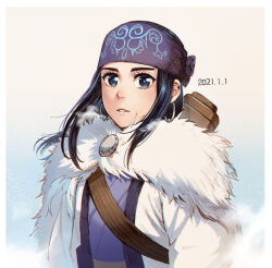  1girl 2021 ainu ainu_clothes asirpa black_hair blue_eyes cloak commentary_request dated earrings eyelashes foxvulpine fur_cloak golden_kamuy headband hoop_earrings jewelry long_hair looking_at_viewer parted_lips solo upper_body 