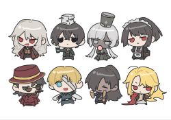 3girls 5boys aseah_(project_moon) baguette black_eyes black_hair bread charon_(project_moon) chibi colored_skin don_quixote_(project_moon) food grey_hair grey_hat grey_skin hat highres hong_lu_(project_moon) jacket la_manchaland's_don_quixote_(project_moon) la_manchaland_(identity)_(project_moon) limbus_company long_hair low_twintails meursault_(project_moon) multiple_boys multiple_girls open_mouth paper_stack project_moon pudding_1106 red_eyes red_hat red_jacket ryoshu_(project_moon) sancho_(project_moon) seven_association_south_uniform sidelocks smile thumb_(identity)_(project_moon) tomah_(project_moon) twintails white_hair wuthering_heights_(identity)_(project_moon) yi_sang_(project_moon) 