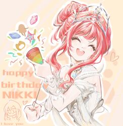  1girl ^_^ armor blue_gemstone breastplate character_name chinese_commentary closed_eyes collar commentary_request confetti cropped_torso detached_collar dot_nose dress english_text eyelashes frilled_arm_warmers gem hair_bun half_updo happy happy_birthday heart holding holding_party_popper infinity_nikki lace_collar melody_bloom_(infinity_nikki) momo_(nikki) nikki_(nikki) nikki_(series) off-shoulder_dress off_shoulder open_mouth outline party_popper piecey pink_gemstone pink_hair prprpr short_hair_with_long_locks short_sleeves sidelocks single_hair_bun smile solo striped_background teeth tiara upper_teeth_only wavy_hair whimstar_(infinity_nikki) white_arm_warmers white_collar white_dress white_outline yellow_background 