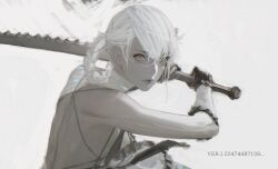  1girl backless_outfit bandaged_arm bandaged_neck bandages black_gloves braid braided_hair_rings breasts brown_eyes closed_mouth d.k fighting_stance gloves hair_between_eyes hair_rings holding holding_sword holding_weapon kaine_(nier) looking_at_viewer medium_breasts negligee nier_(series) serrated_blade simple_background solo sword weapon white_hair 