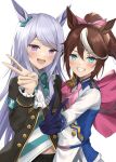  2girls :d animal_ears ascot blue_eyes blue_gloves blush clenched_teeth ear_ribbon eyebrows_visible_through_hair gloves green_ribbon hair_ribbon highres horse_ears horse_girl long_hair looking_at_viewer mejiro_mcqueen_(umamusume) multicolored_hair multiple_girls pink_ascot pink_ribbon ribbon shiny shiny_hair simple_background smile streaked_hair teeth tokai_teio_(umamusume) umamusume v violet_eyes white_background white_hair yuyuenimo 