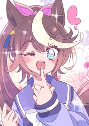  ;d animal_ears blue_eyes blue_nails bow bowtie brown_hair commentary_request ear_ornament hair_bow heart honkawa_works horse_ears horse_girl long_hair long_sleeves looking_at_viewer multicolored_hair one_eye_closed open_mouth pink_bow ponytail purple_sailor_collar sailor_collar school_uniform smile streaked_hair tokai_teio_(umamusume) tracen_school_uniform umamusume upper_body white_bow white_bowtie white_hair winter_uniform 